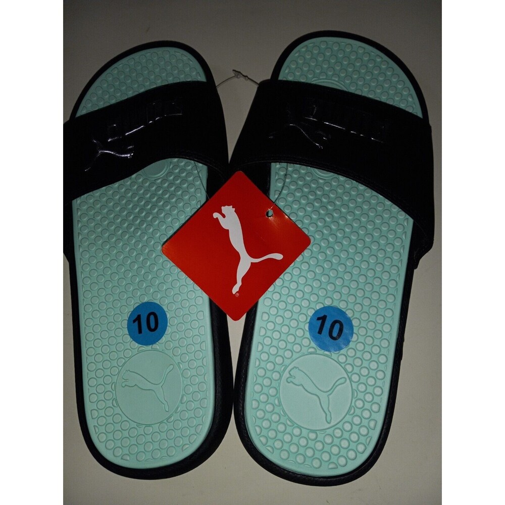 PUMA Women's Cool Cat Slide Sandals Black/Aqua/Silver Logo Size 10